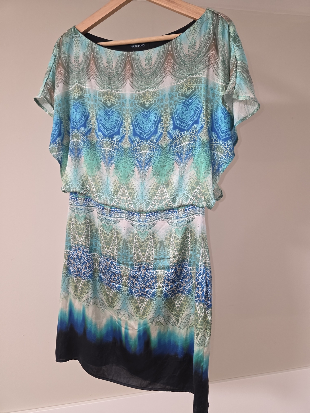 Marciano Teal Blue Gradient Paisley Silk Mini Dress